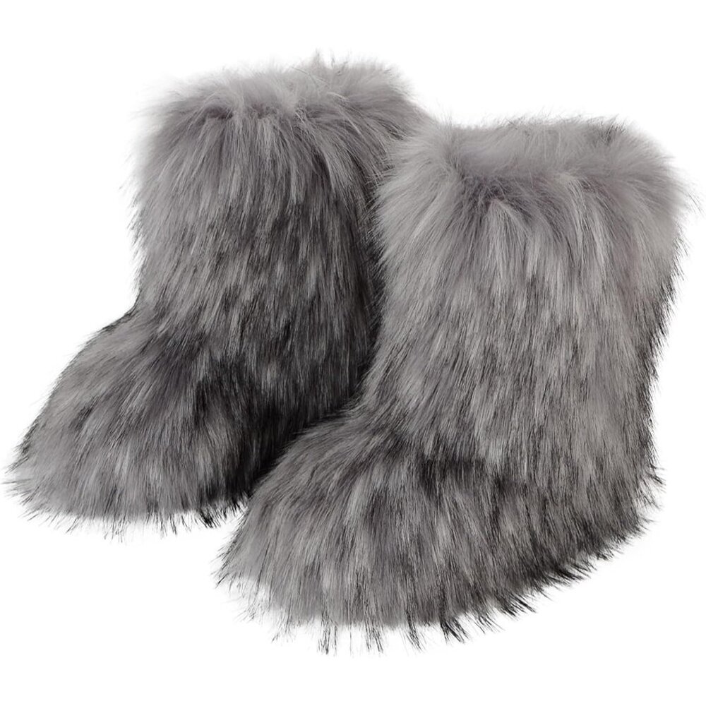 ⚡Women Light Gray Faux Fur Winter Warm Knee High Flat Heel Fluffy Snow Fur Boot